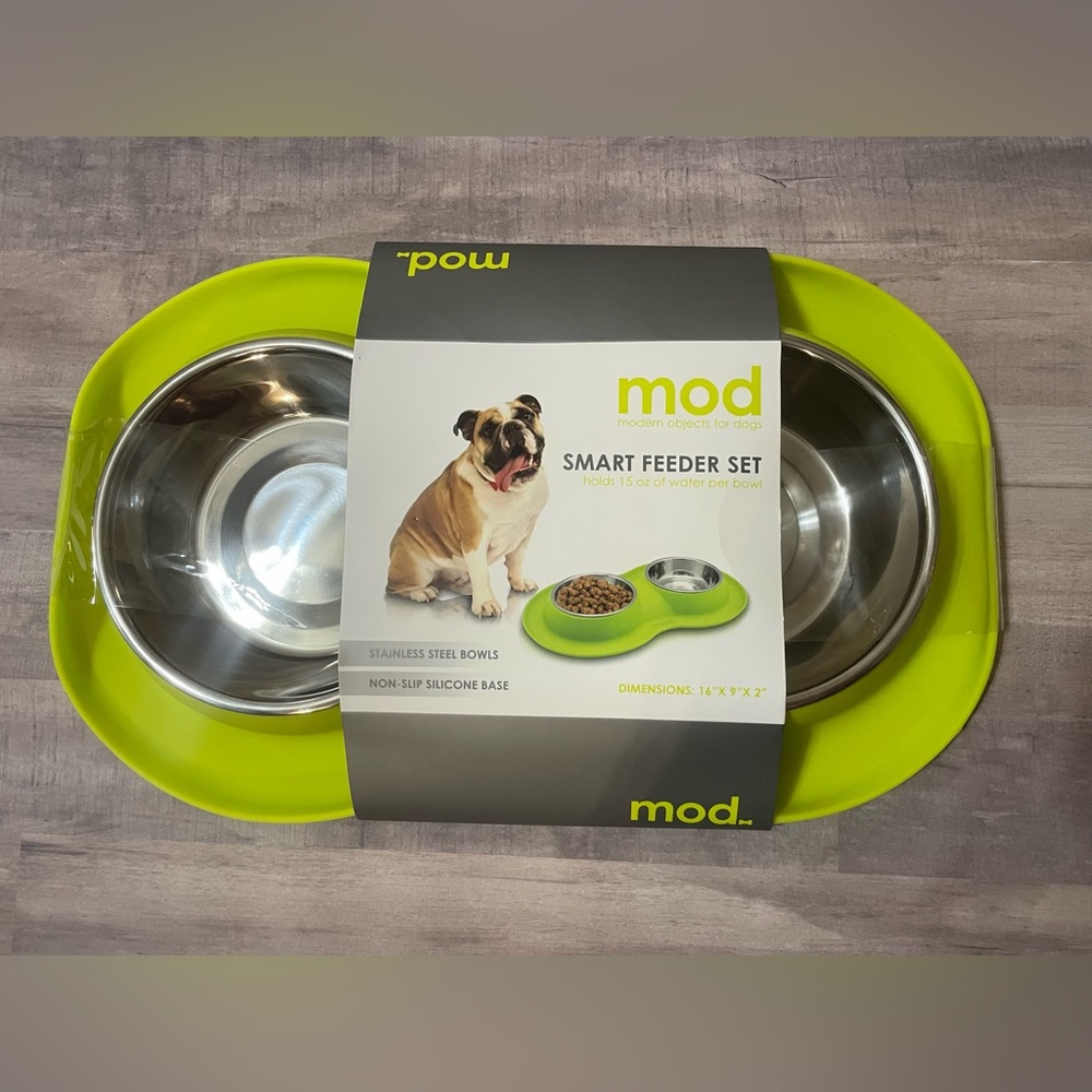 NEW mod Modern Objects for Dogs silicone smart feeder stainless steel 2 bowls